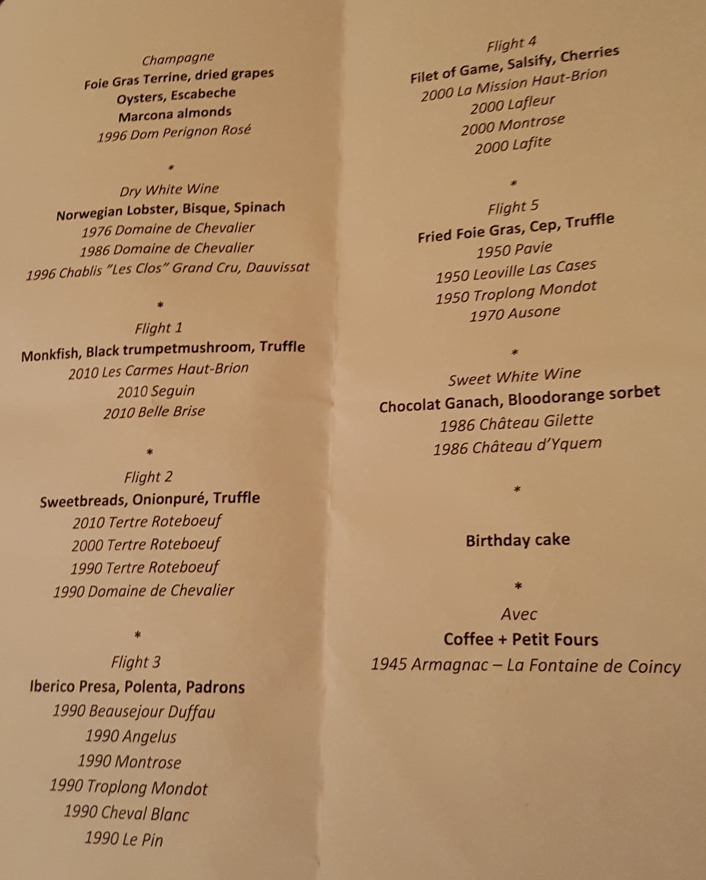 Menu and wines for the evening 2